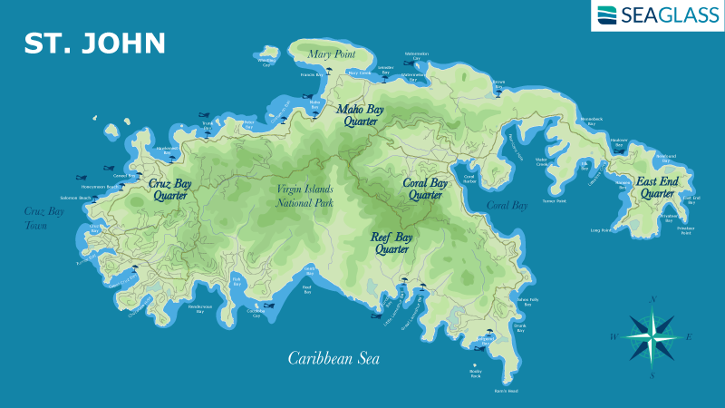 St John Map Featuring Cruz Bay, Coral Bay, Reef Bay, Maho Bay, and East End Quarter