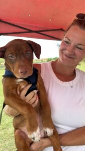 Mary Pat Strasser smiling and holding a brown puppy at a community adoption event.