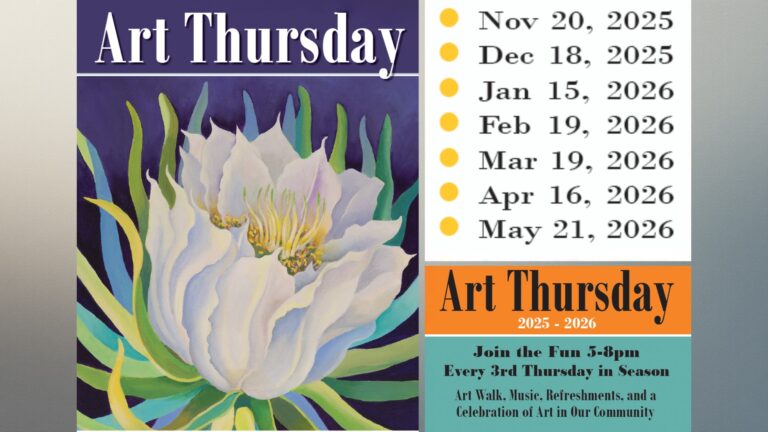Art Thursday event poster featuring a white blooming flower illustration and the 2025–2026 schedule for St. Croix’s monthly art walk.