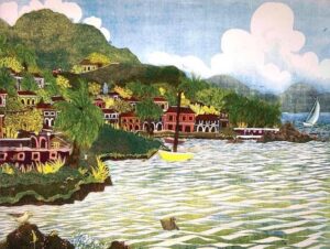 Colorful Caribbean coastal artwork featuring hillside homes, sailboats, and lush island scenery displayed during Art Thursday on St. Croix.