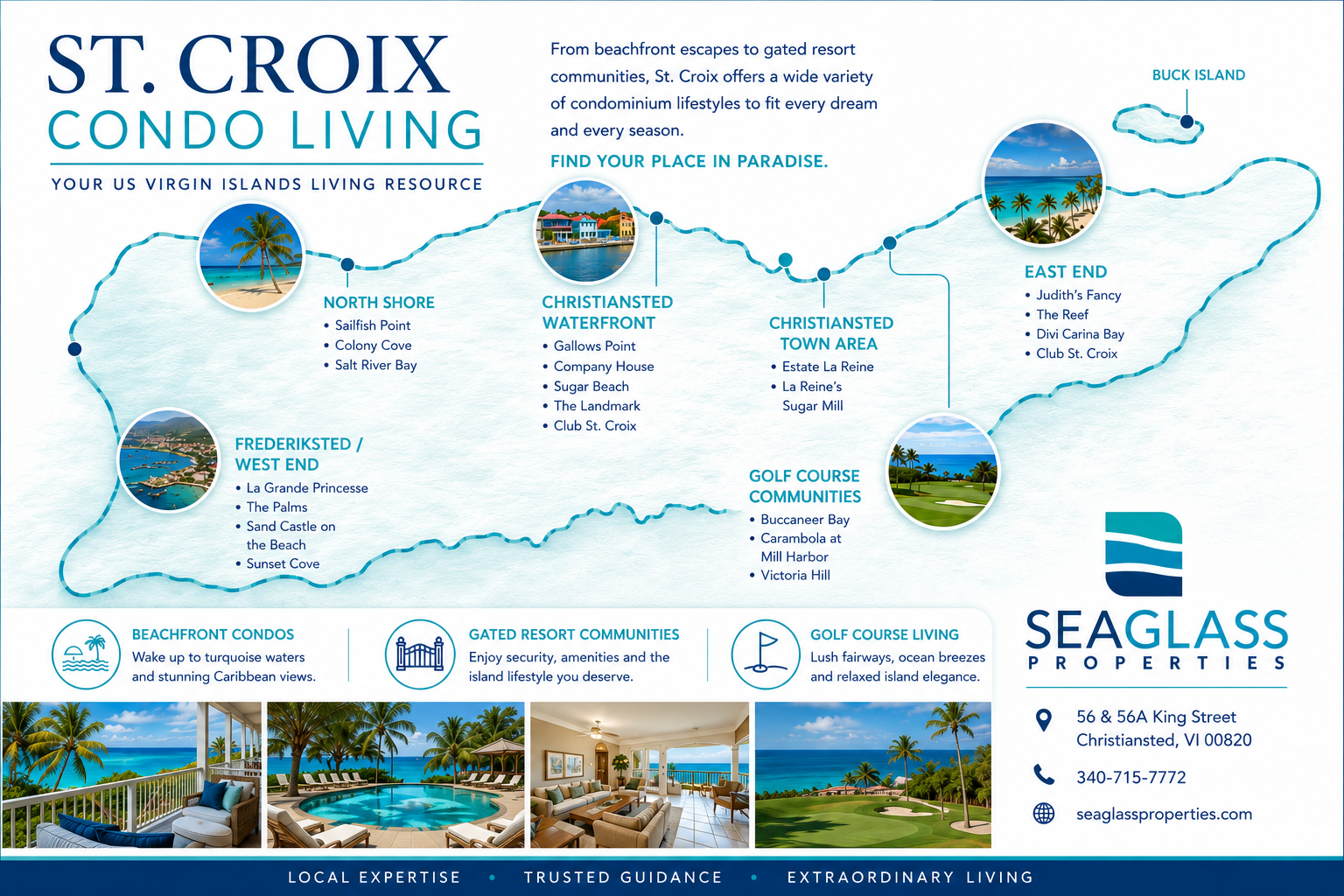 Illustrated map of St. Croix condo communities featuring beachfront, golf course, and resort-style condominium living across the U.S. Virgin Islands by Sea Glass Properties.